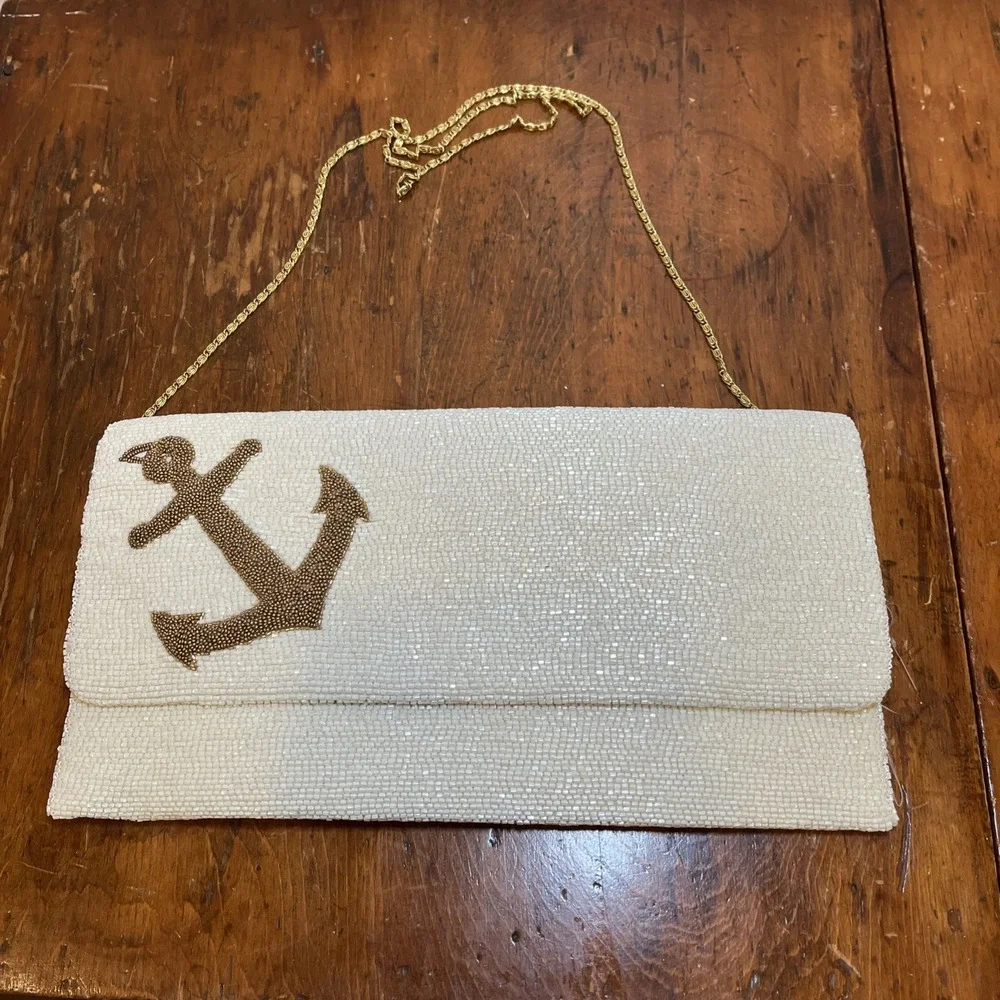 Moyna‎ Evening Bag Handcrafted White Beaded Clutch Satin Lined, Anchor Nautical